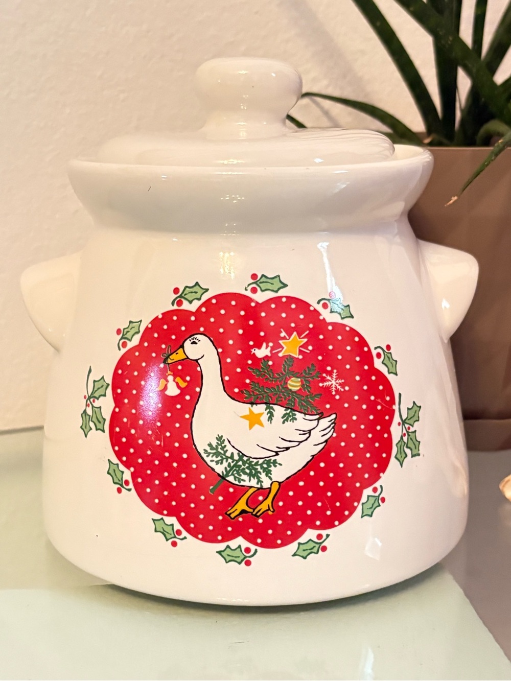 Vintage Vermillion Christmas Goose Stoneware Canister Cookie Jar